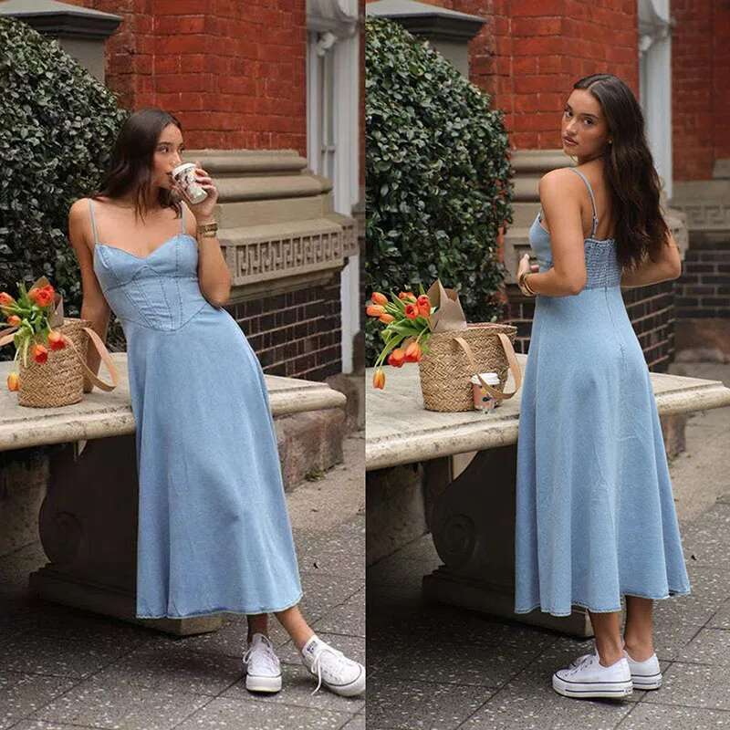 DonMY Women Elegant Sweet Spice Halter Imitation Denim Fabric Sleeveless Slimming A e Beach Dress