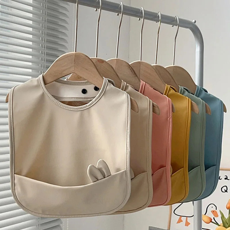 Baby Rabbit Ear Bib PU Soft Waterproof Cartoon Print Burp Cloths Feeding Bibs Infant Toddler Boys Girls Dirt Proof Apron Pocket 250408