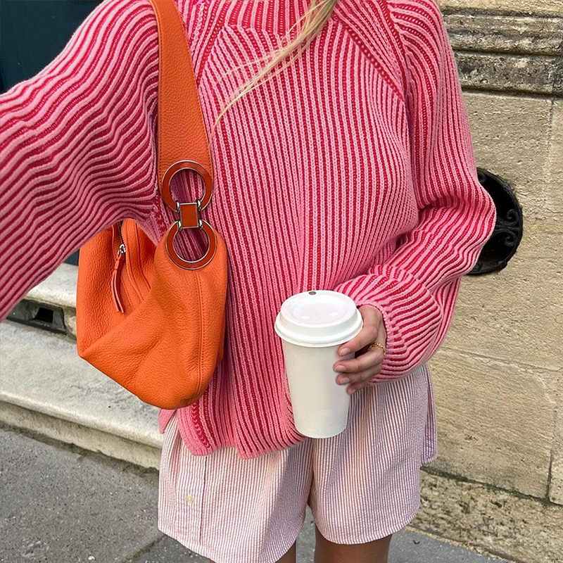 Fall clothes for women, women's two-tone design sweater, loose huge round neck casual comfortable and versatile pullover top, Valentine's Da