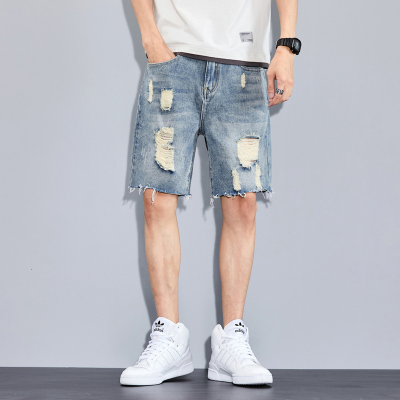 High Quality Hip-hop Embroidered Ripped Vintage Heavy Craft Jeans Shorts Men 240327