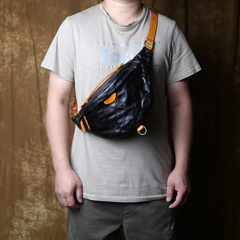 Original vegetable tanned cowhide phone waist bag mens top layer cowhide color contrast cross body box Z250407