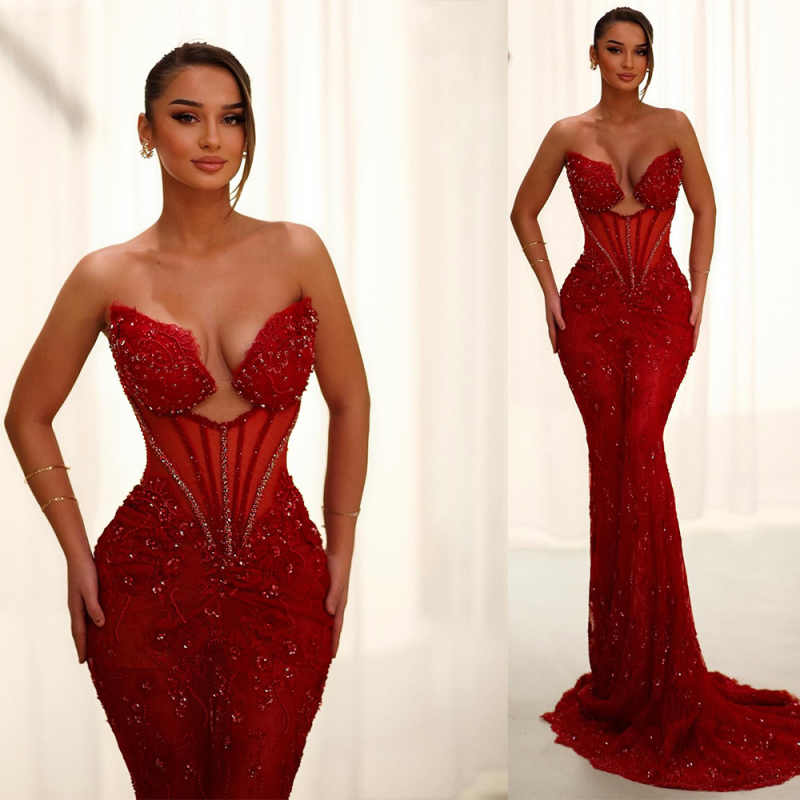 Red Sequined Prom Dresses Luxury Lace Appliques Mermaid Party Evening Gowns Long Sleeve Birthday Dress Robe Customized