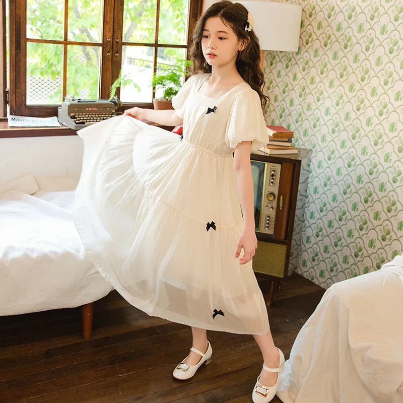 summer Lace Princess Kids square collar Girls Clothes mesh V NECK tall Layered Dress bowknot cotton 8 9 10 11 12 year 250408