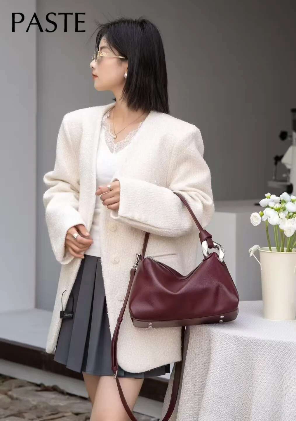 Ins Chic Original Design Soft Hobo Tote Wine Red Grey Color First Layer Cow Leather Women Shoulder Bag Elegant Purse