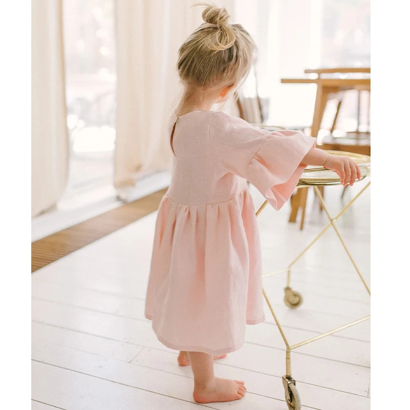 Girls Sweet Cute Cotton And Linen Dress Summer Baby Kids Flare Sleeve Casual Pink Princess Dresses Toddler Girl Clothes 250408