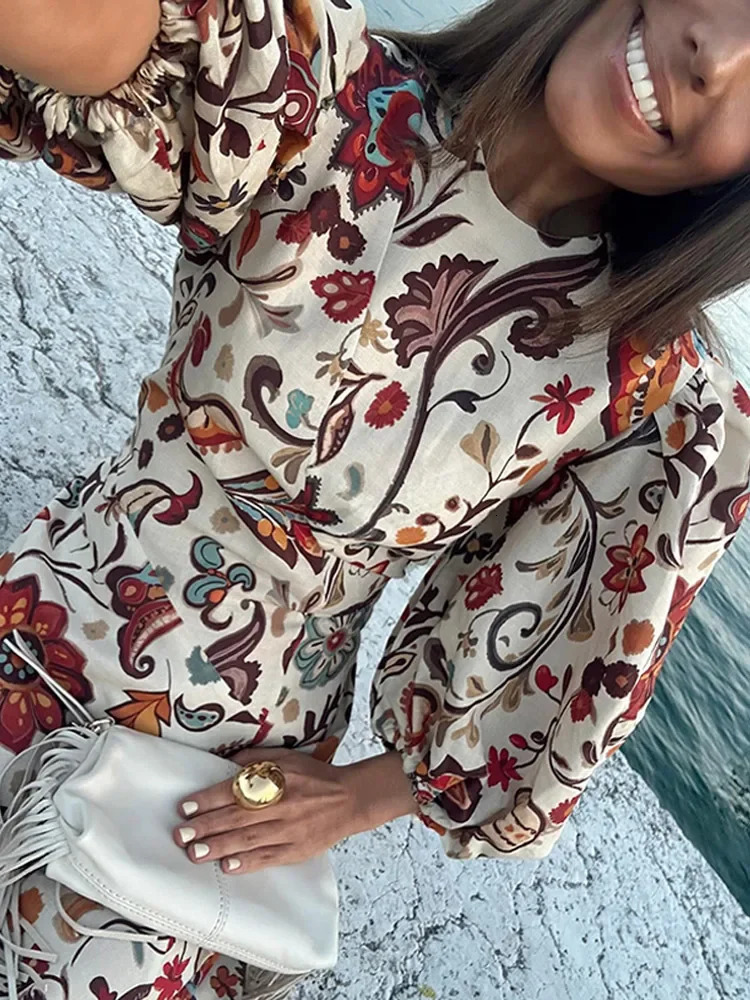 Women Floral Print Boho Maxi Dress Ethnic Style O Neck Half Puff Sleeve Oversize Vestidos 2025 Casual Beach Holiday Long Robe 250407