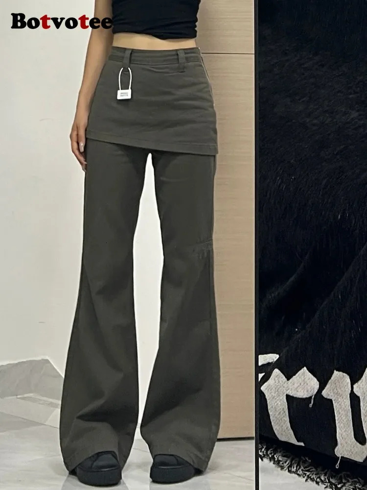 Botvotee Two Piece Plus Size Wide Leg Womens Jeans Y2k Street Clothing High Waist Flame Denim Pants 250407