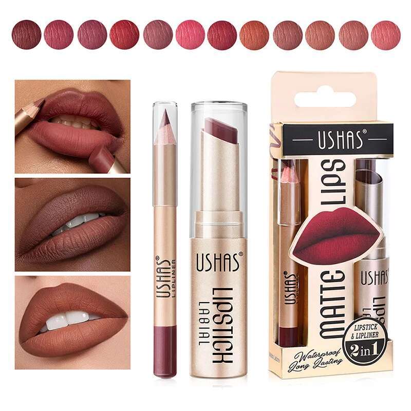 12 Colors Matte Nude Lipstick&Lip Set Waterproof Longlasting Er High Pigmented Slim Lip Sick Lips Makeup