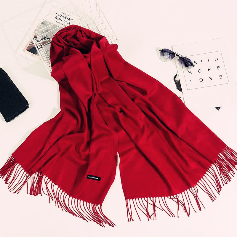 K338 Hot selling solid color imitation cashmere scarf autumn and winter warm new style tassel shawl gift bright red neck scarf manufacturers wholesale