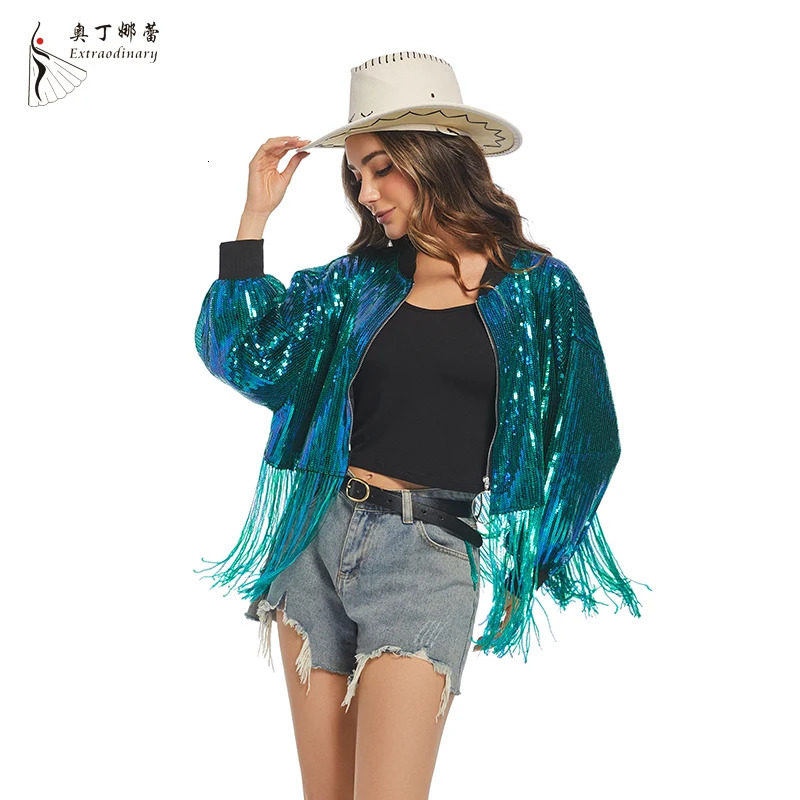 Womens sequin fringe jacket long sleeved front zipper casual glitter party fashion reversible hiphop 250407