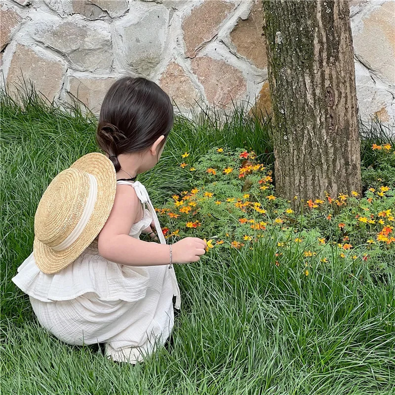 Children Clothing Set Korean Girls Summer Cotton Tie Tank Sling Smocked Top Wide Leg Pants Trousers Outfits Kids Clothes Sets 250407