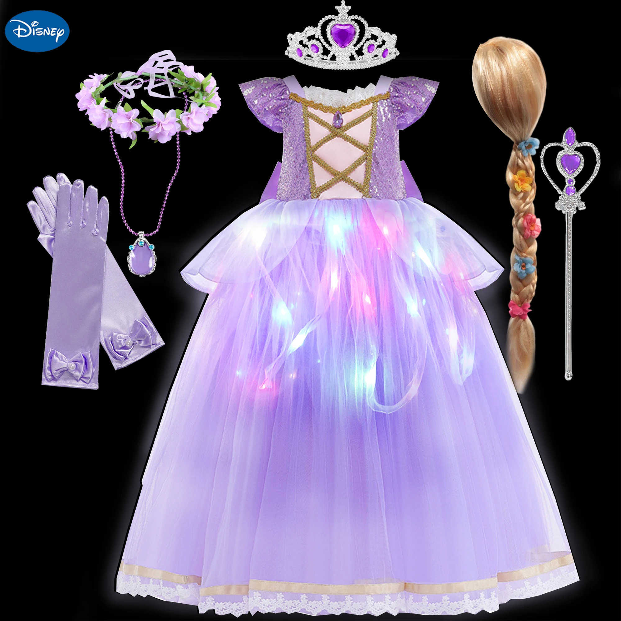 Disney Girls Princess Costume Purple Rapunzel LED Light Up 2PCS Dress Fancy Birthday Carnival Party Elegant Children Clothing Halloween X250408