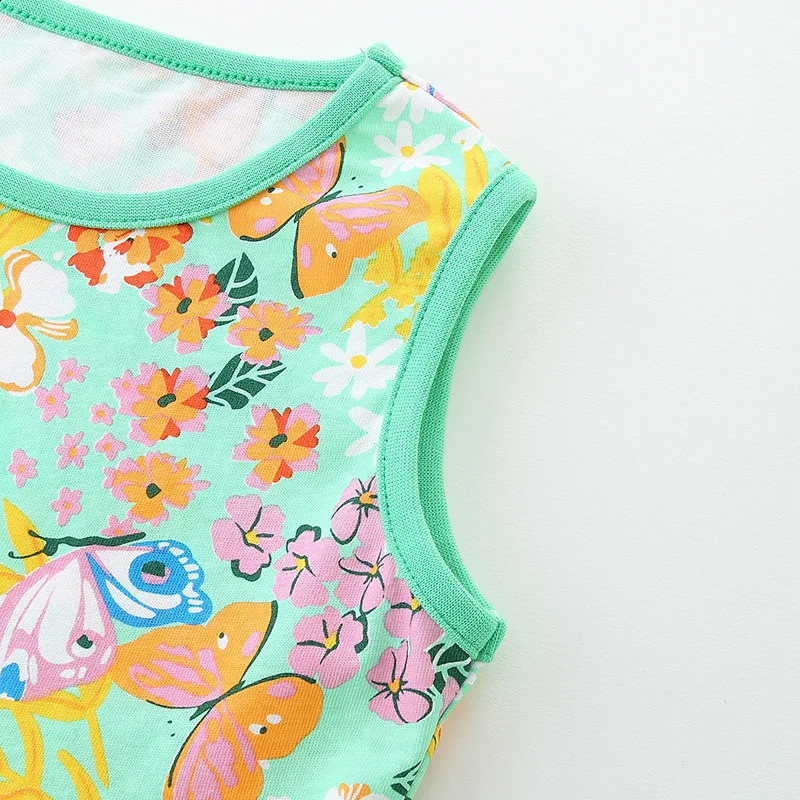 UNITIM Ins Summer Children Girls Sleevless Dress Cotton Thin Full Printed Ruched Cool Baby Girls Dress Kids Girls Dresses 250408