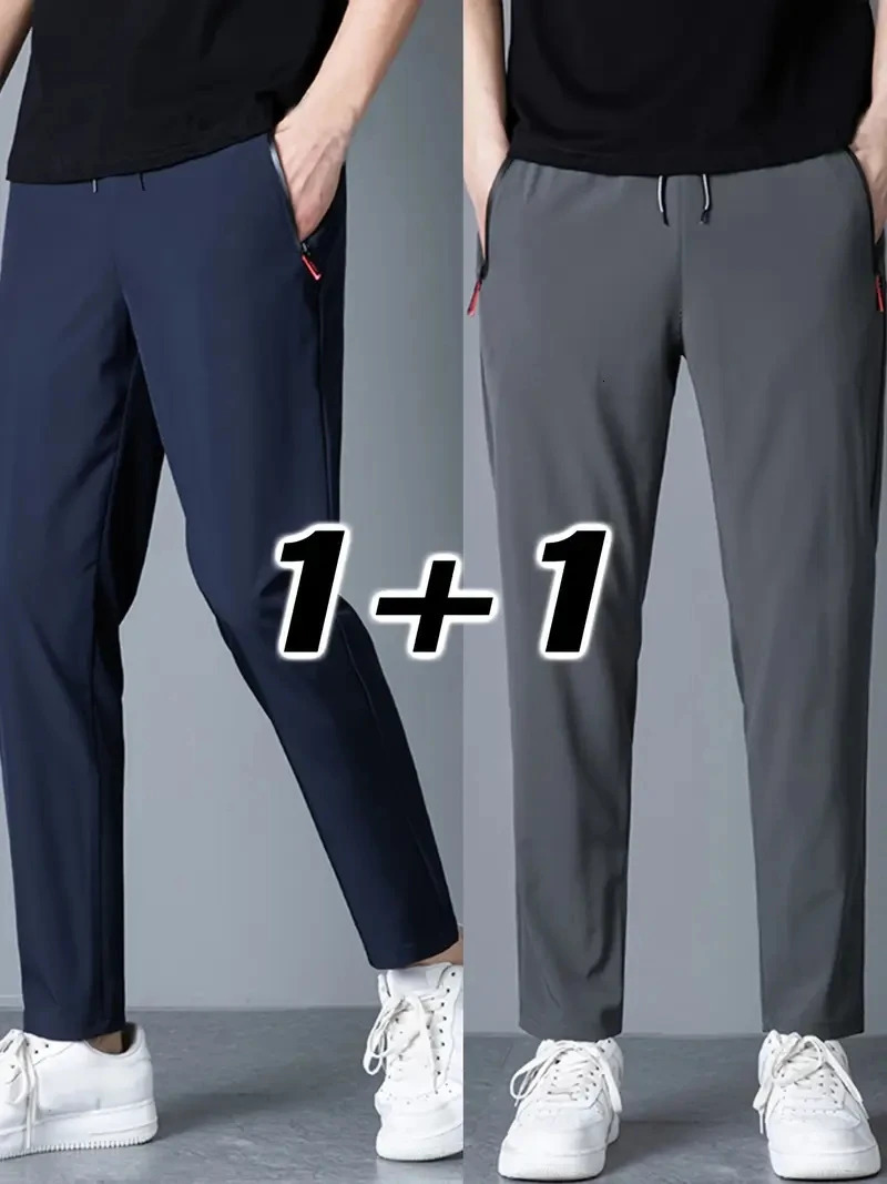 2 pieces of mens casual pants with elastic waistband and Korean classic blue black gray brand Trouser Plus size 250403