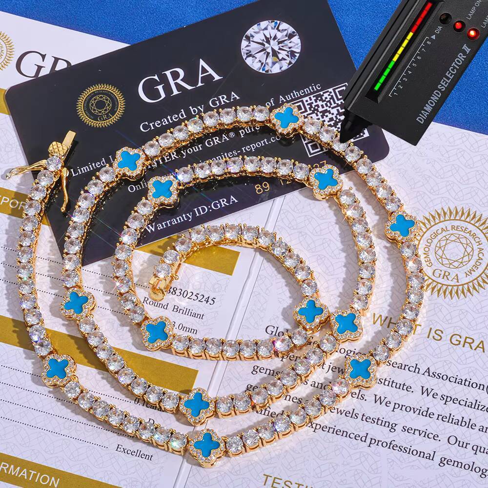 NUOYA 4mm Tennis Chain Necklace 925 Silver Iced Out VVS Moissanite Multicolor Clover Leaf Hip Hop Jewelry