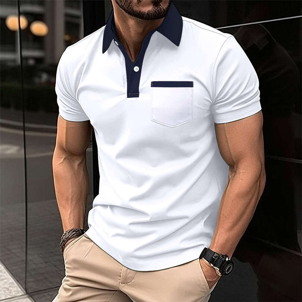 European and American collar fashionable slim fit chest pocket short sleeved men's T-shirt polo shirt 2025 new casual fashion trend clothing