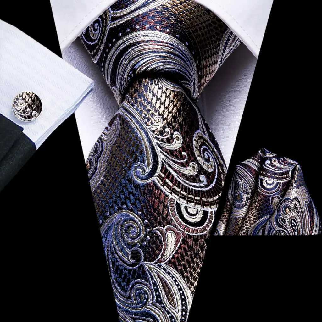 Hi-Tie Paisley Brown Tie For Men Elegant Mens Necktie Pocket Square Cufflink Gro Wedding Accessory Wholes New Designer X250407