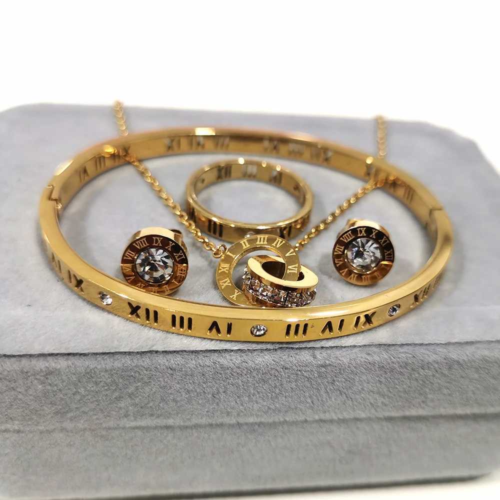 Luxury Roman numeral necklace earring bracelet ring set womens timeless 316L stainless steel wedding jewelry set gift box Y250408