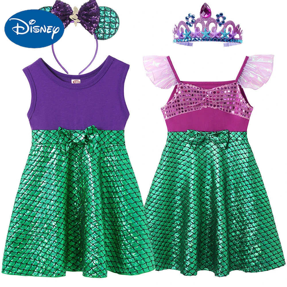 Disney Kids Girl One Piece Princess Mermaid Dress Summer Flying Sleeve Printed Casual Outfits Patchwork Vestido 2-8Y Children Clothing X250408