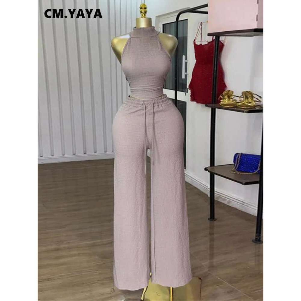 Cm.Yaya Fiess Women's Set Sleeveless Tops And Wide Leg Pants 2025 Active Street Summer Two 2 Piece Sets Outfit Tracksuits
