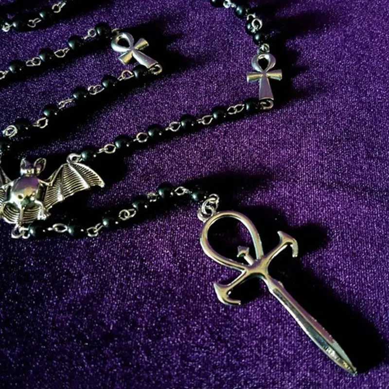Emo Vampire Ankh Rosary Occult Vamp BeEmo Vampire Ankh Rosary Occult Vamp Bead Necklace Goth Punk Bat Cross Pendant Necklace HanC250407
