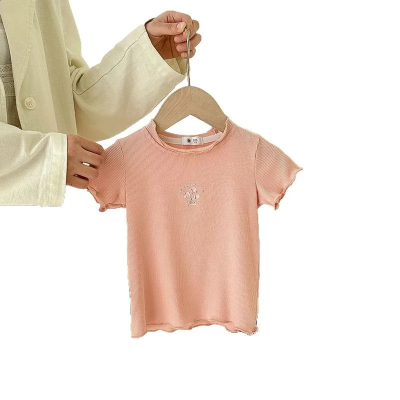 Summer Children Girls Ribbed Short Sleeve T-shirts Cotton Printed Sweet Kids Girls Tops Soft Thin Infant Babys Girls Tees 2-8Yrs 250408