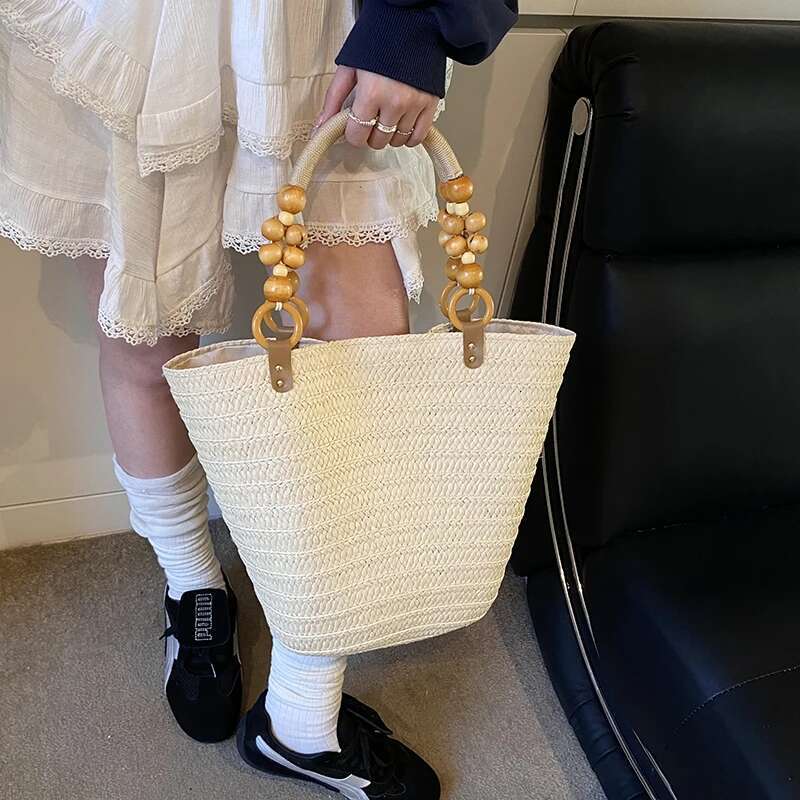 LEFTSIDE Big Weave For Women 2025 Summer New Beaded Shoulder Bags Lady Handbag Females Straw Tote Beach Hand Bag