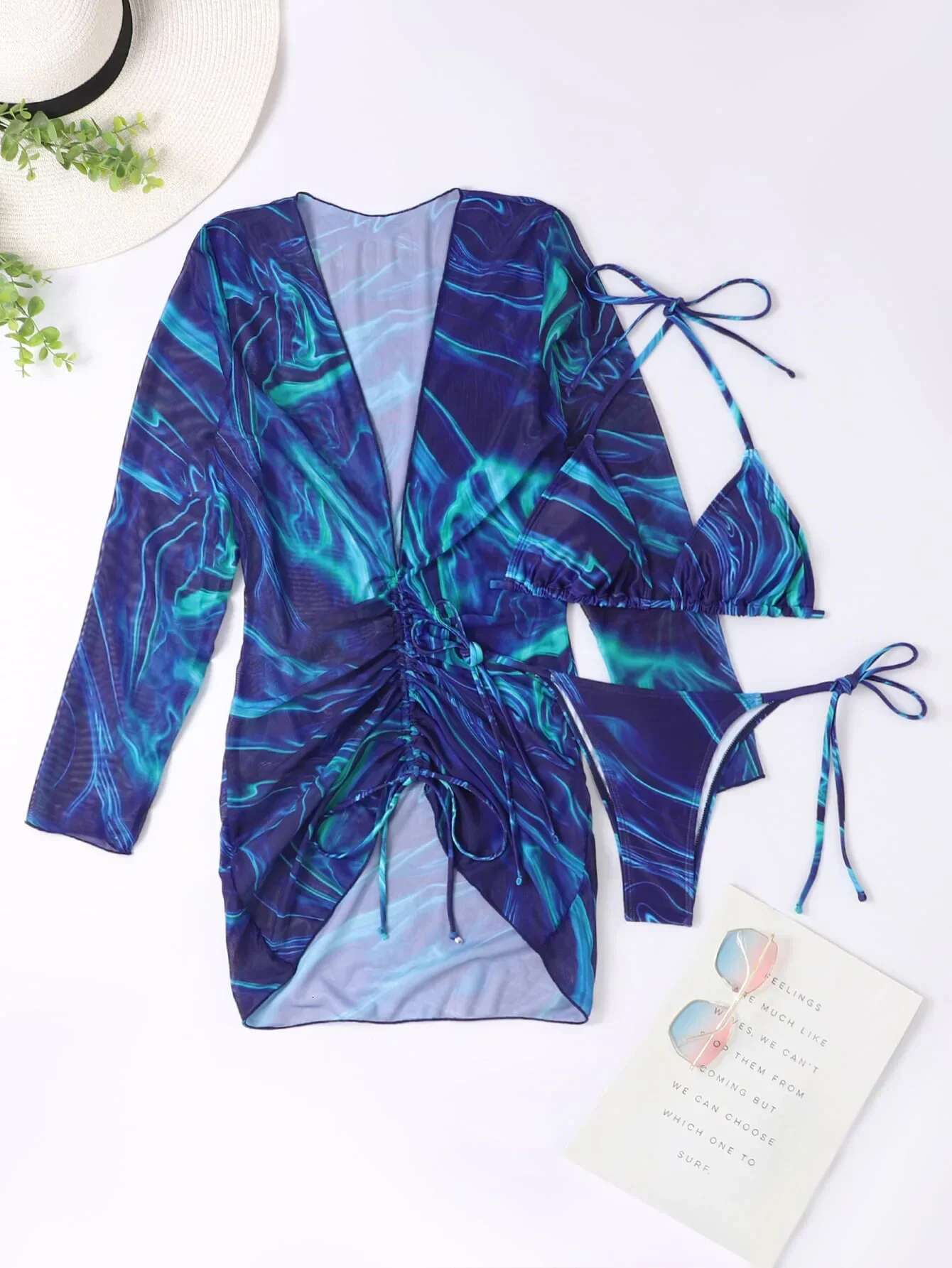 Dongdumaoyi Sexy Blue Tie Dye Gradient Piece Bikini Set Women Long Sleeve Pleate Dress Swimsuit Beach Bathing Suit Cover Up Swimwear