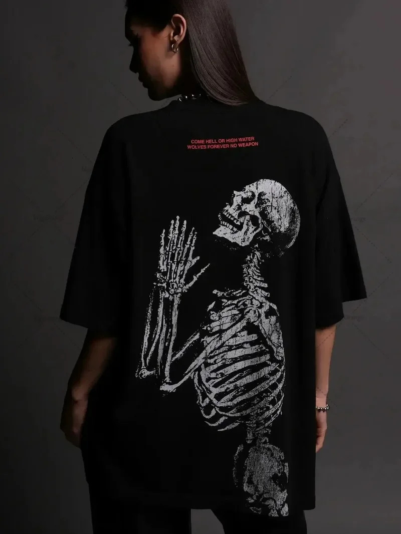Europe and the United States vintage fashion short sleeved skull print pure cotton top personalized loose oversized mens T-shirt 250402