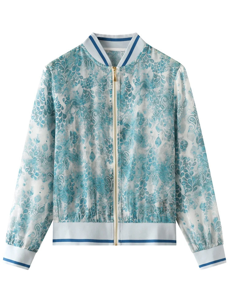 100% Raspberry Silk Womens Jacket Round Neck Thin Style Open Hemp Print Sunscreen SpringSummer Collection 250407