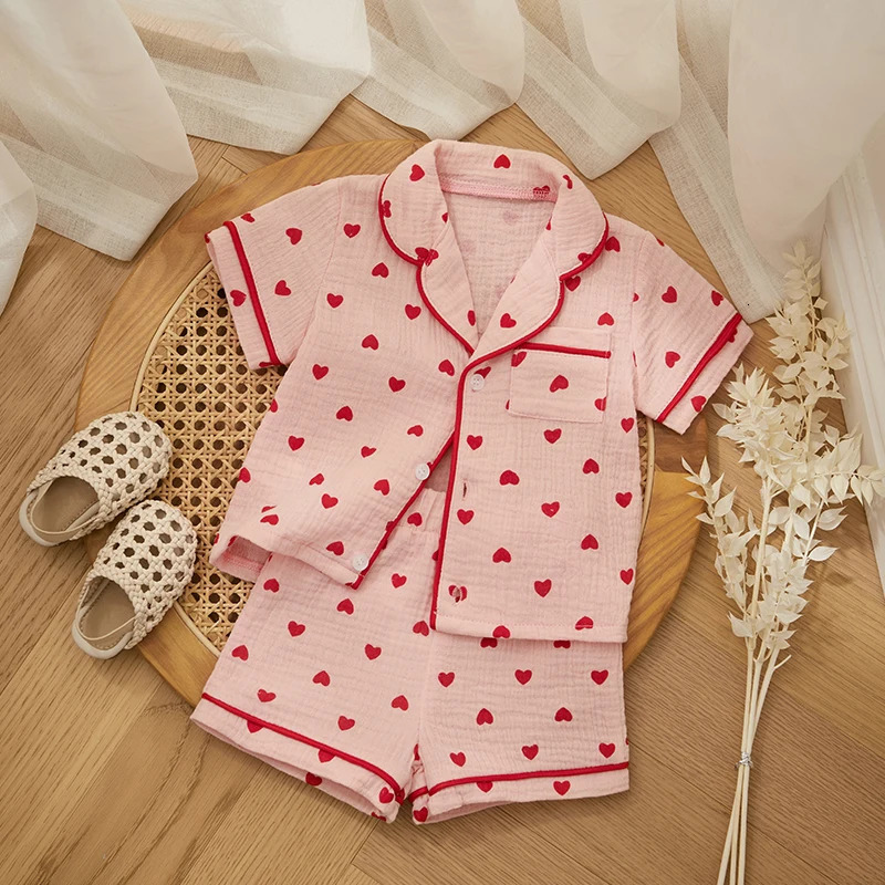 Summer Baby Girl Boy Pajama Set Cotton Linen Button Down Clothes Short Sleeve Heart Print Tops Shorts Kids Loungewear Sleepwear 250407