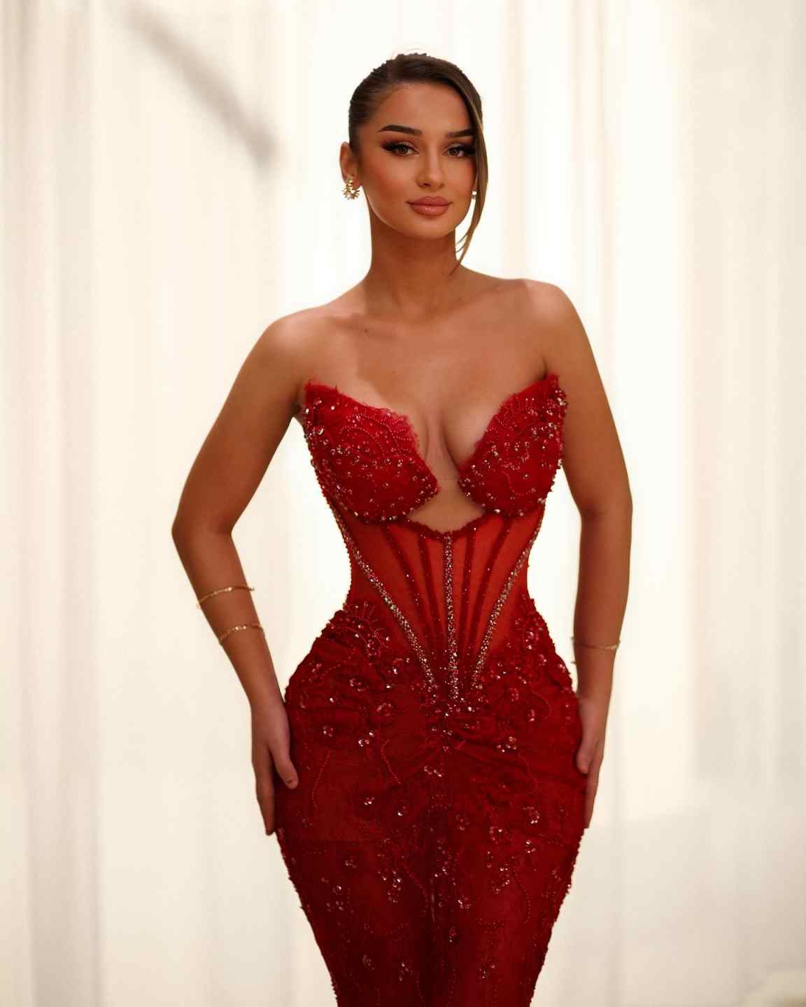 Red Sequined Prom Dresses Luxury Lace Appliques Mermaid Party Evening Gowns Long Sleeve Birthday Dress Robe Customized