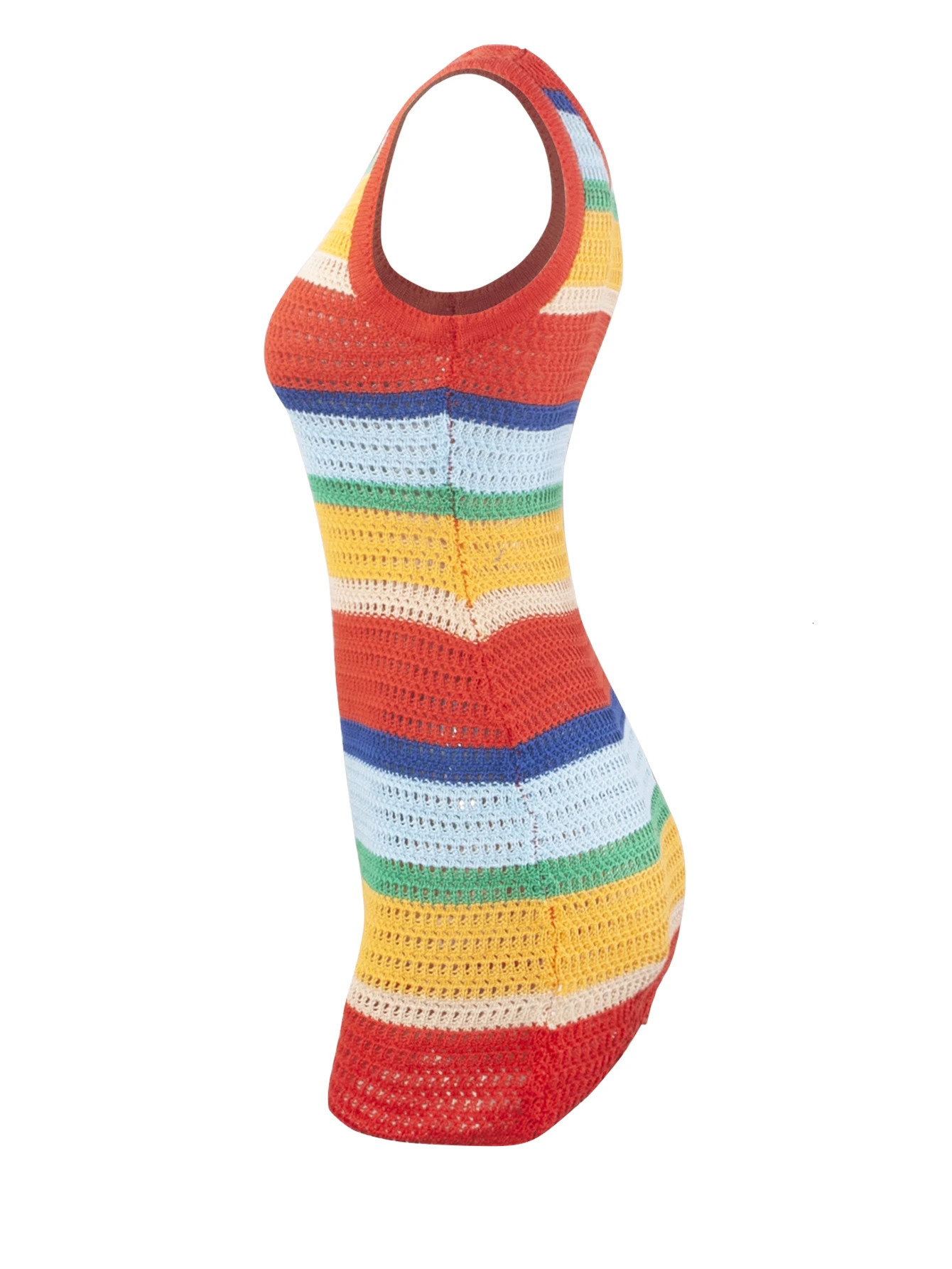 Womens panel striped knitting hollow mini dress casual vest sleeveless body girls street clothes 250402