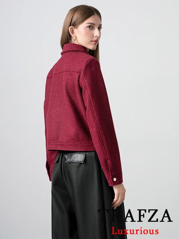 TRAFZA Red Bordeaux Loose Jakcets Womens Zipper Pocket Short Coat Fashion Spring Elegant Bomer Jacket 250407