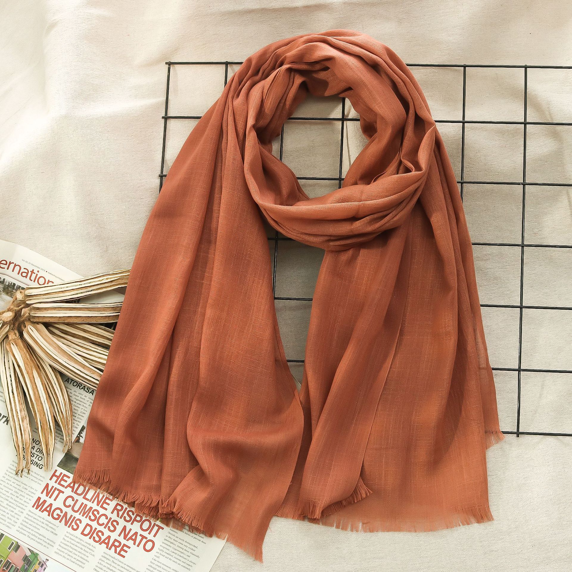 K334 Factory direct sale solid color bamboo cotton scarf autumn and winter new style two ends with tassels solid color medium long scarf ladies shawl