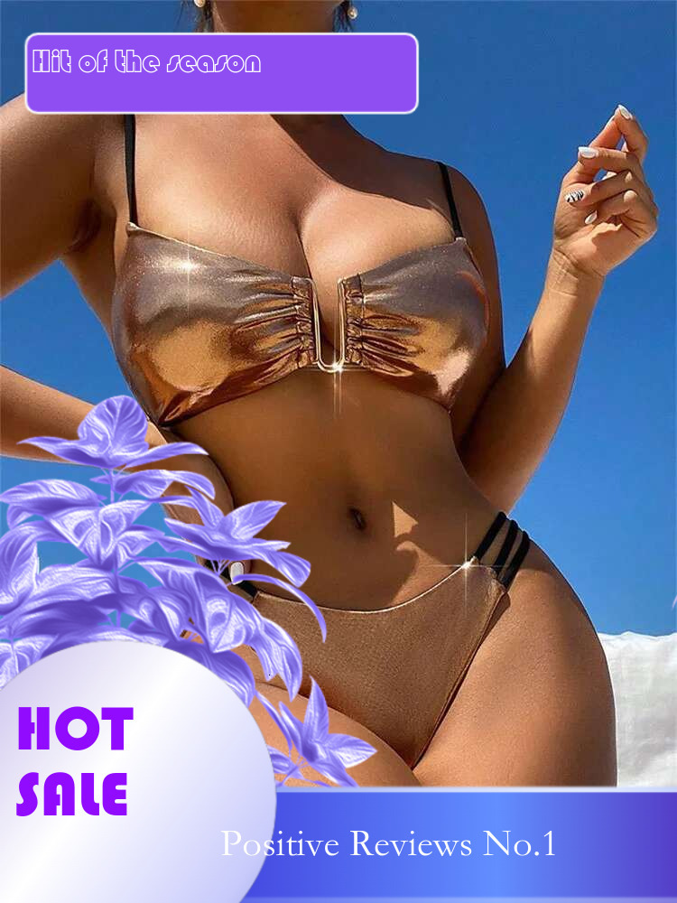 Dongdumaoyi Sexy U Wire Gold Swimsuit Women PU Leather Bikini Push Up Swimwear Beach Bathing Suit Cut Out Bandage Biquini