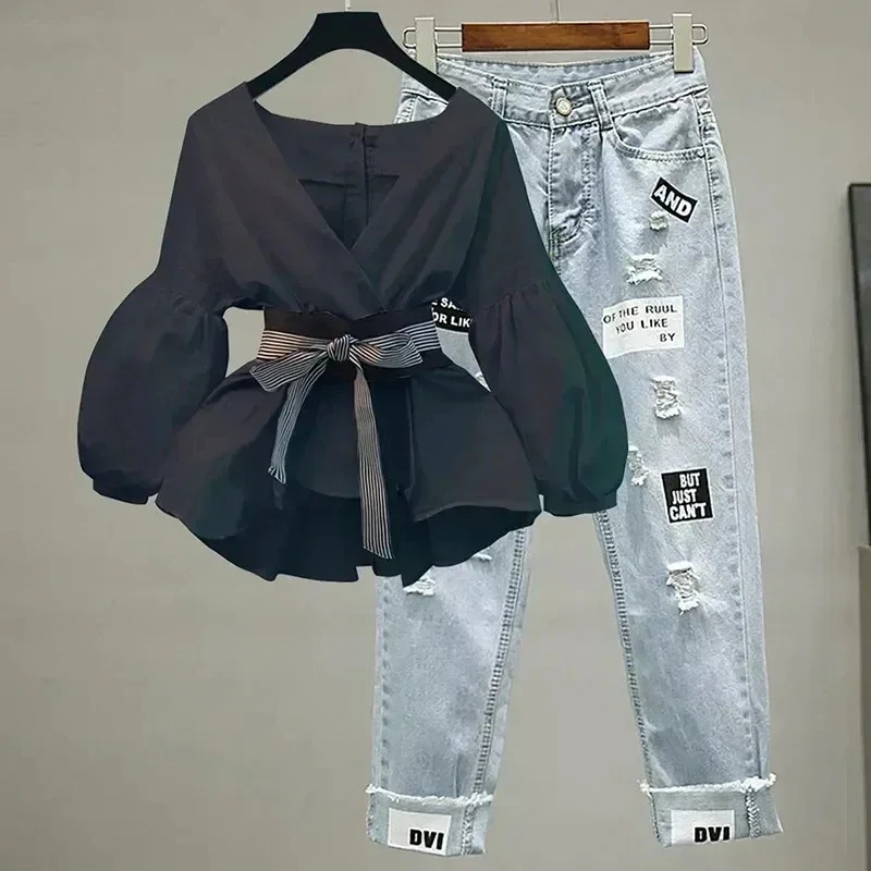 Women Elegant V-Neck Stripe Office Lady Suit Lantern Sleeve Bow Belt Trend Slim Casual Chiffon Shirt Top And Korean Ripped Jeans 250408