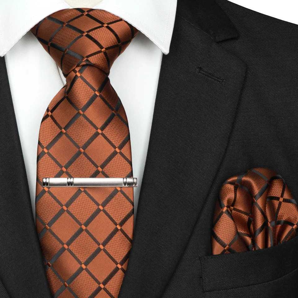 EASTEPIC 8 cm New Style Caramel Hue Classic Plaid Necktie for Men Pocket Square Metal Clip Hanky Set Business Party Wedding Gift X250407