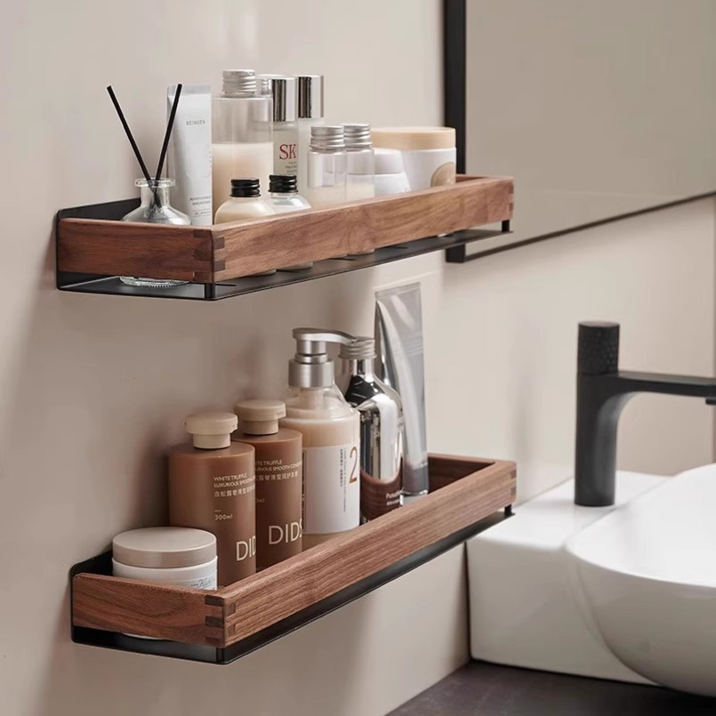 Walnut Bathroom Shelf Vintage Style Solid Wood Toilet No-Drill Washstand Wall Storage Rack