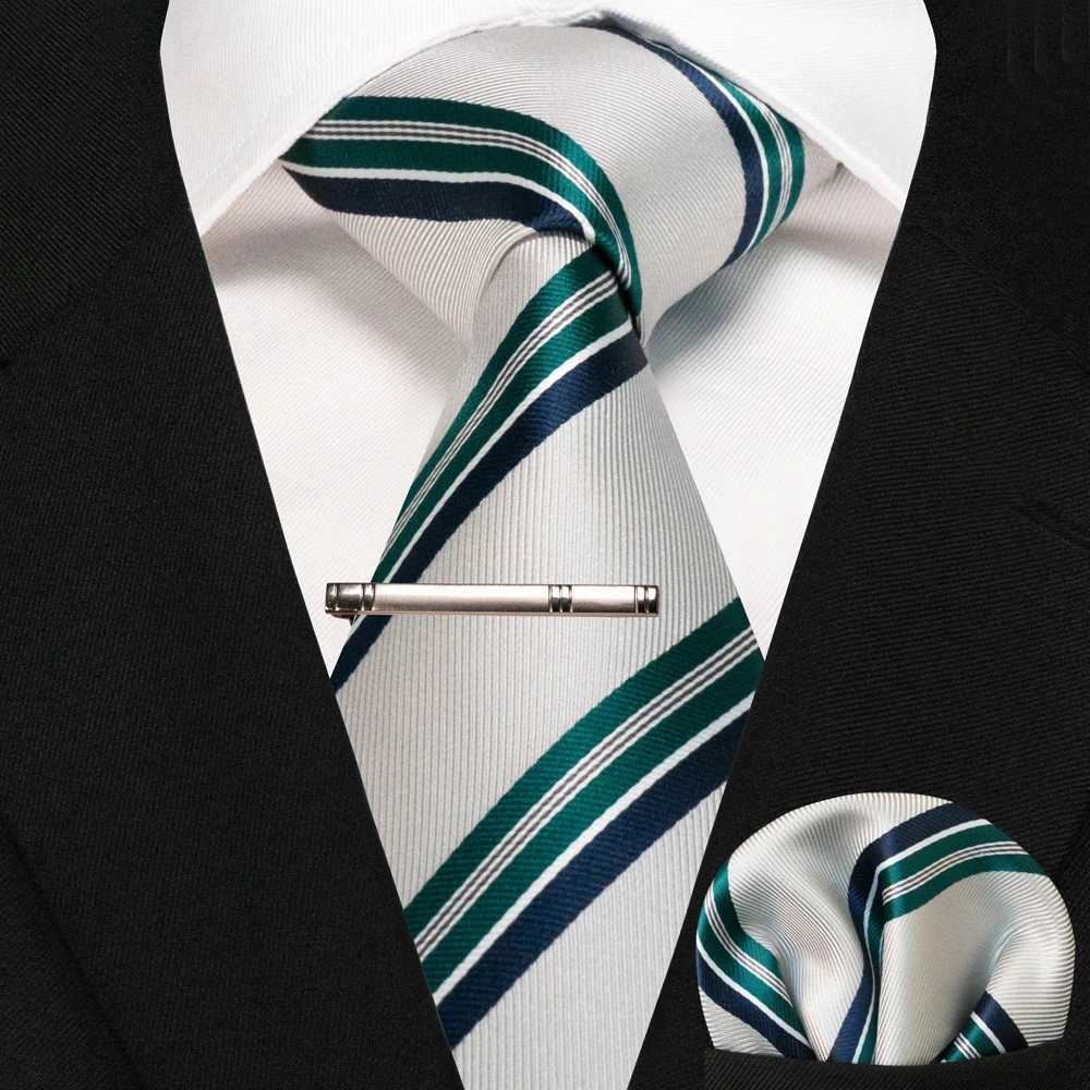 JEMYGINS Business Tie for Men Silk Navy blue Tie striped Paisley Necktie Handkerchief Tie clips Set for Wedding Party Gift X250407