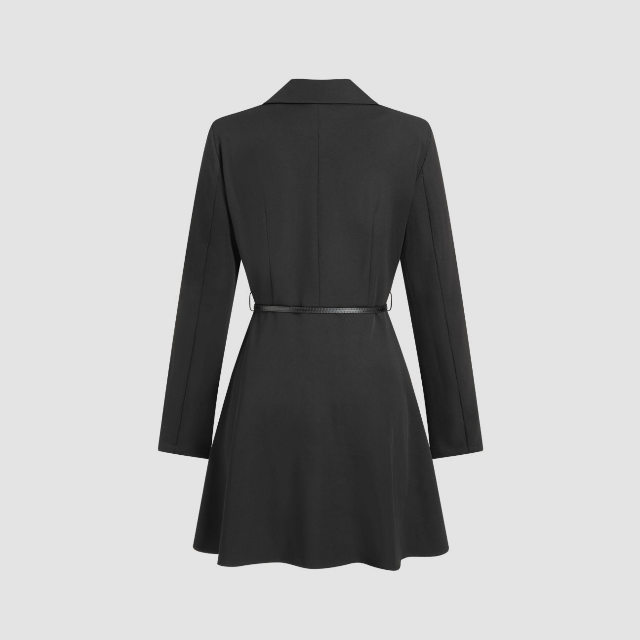 Women's Black V-neck Mini Blazer Dress Notched Collar Mid Rise Work Dress With Belt