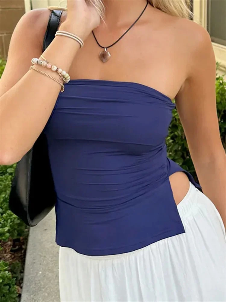 Women Tube Tops Solid Color Strapless Slit Tank Tops Summer Bandeau Cropped Tops Streetwear 250407