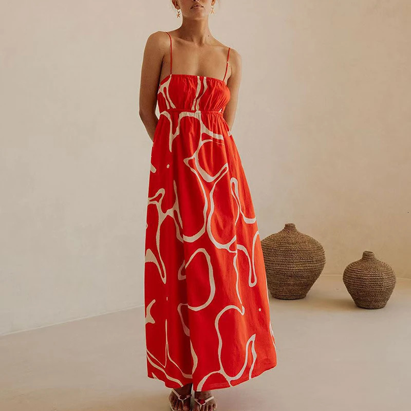 Casual pleated swaying womens summer floral print shoulder beach dress sexy hollow sleeveless high waisted long skirt 250401