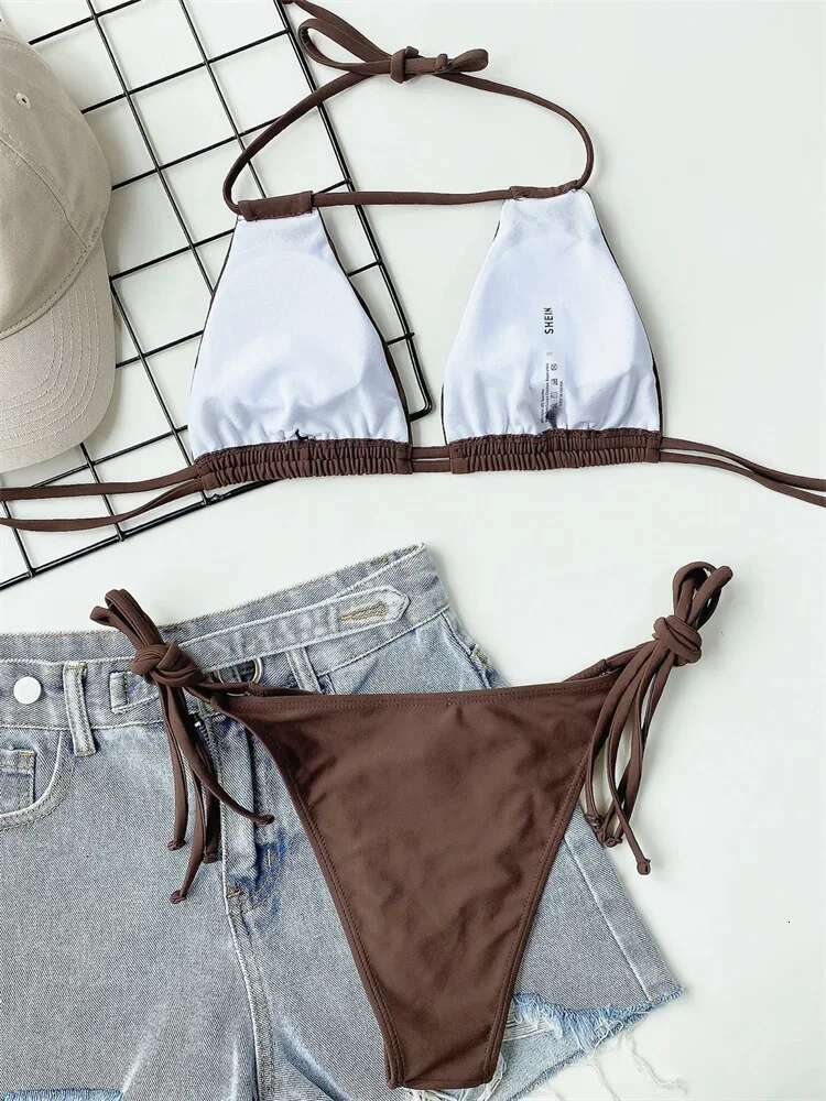 Dongdumaoyi Sexy Bikini Women Black Brown Halter Hollow Out Push Up Micro Swimsuit Brazilian Bathing Suit Tie Side Triangle Swimwear