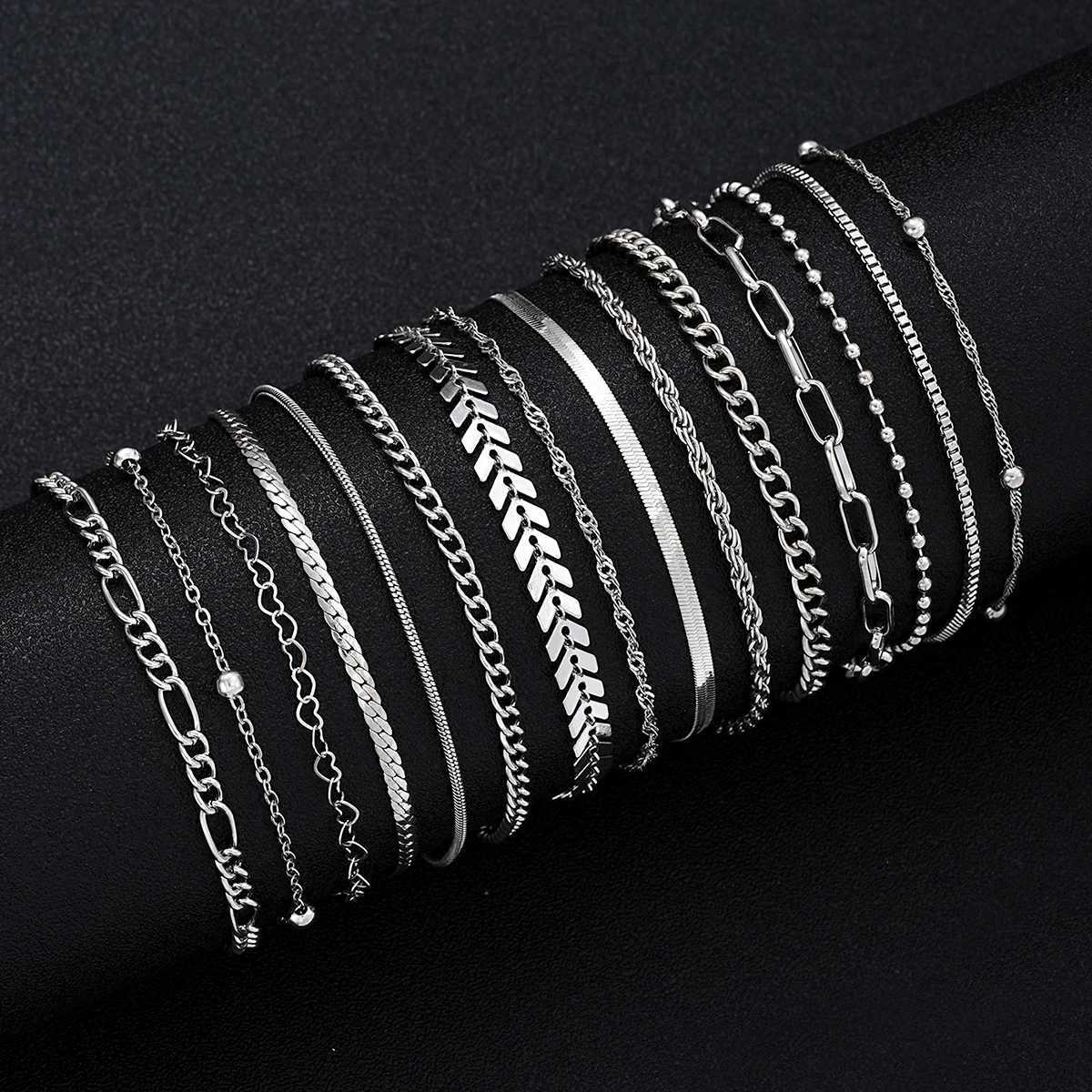 15 Pcs/Set Dainty Silver Color Metal Bracelet Set For Wen Boho Retro Thick Twist Cuban Chain Bracelet Party Tren Jewelry NewC250408