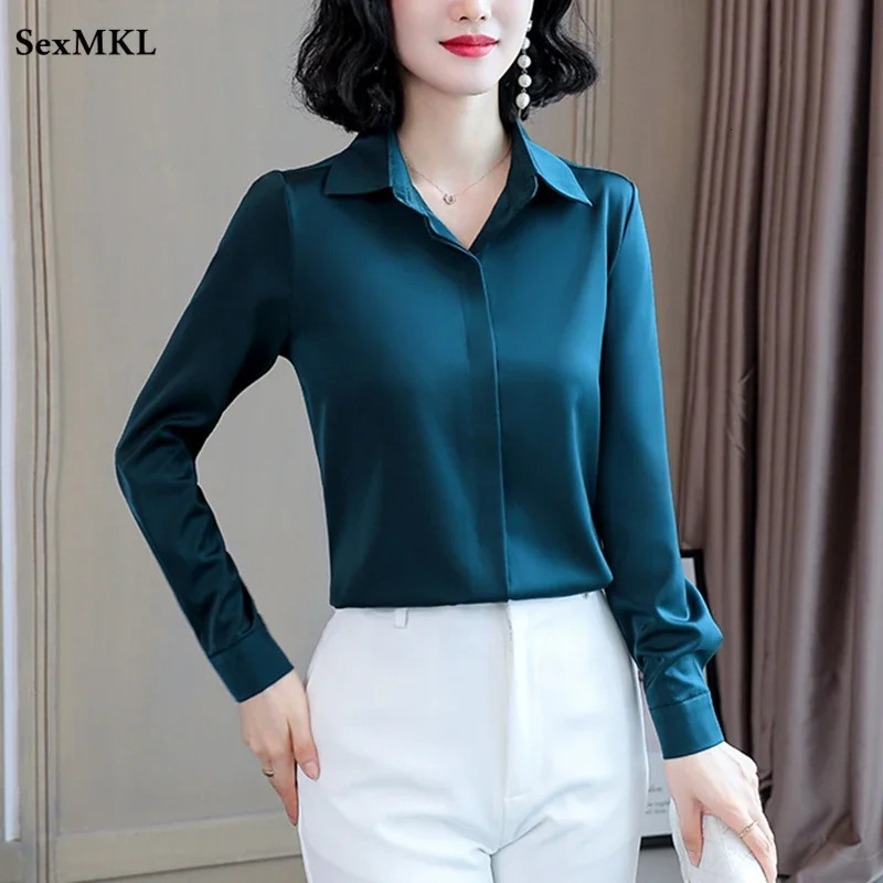 Womens Silk Office Shirt Fashion Long Sleeve Casual Womens Top Elegant Womens Retro White Satin Shirt Oversized 250402
