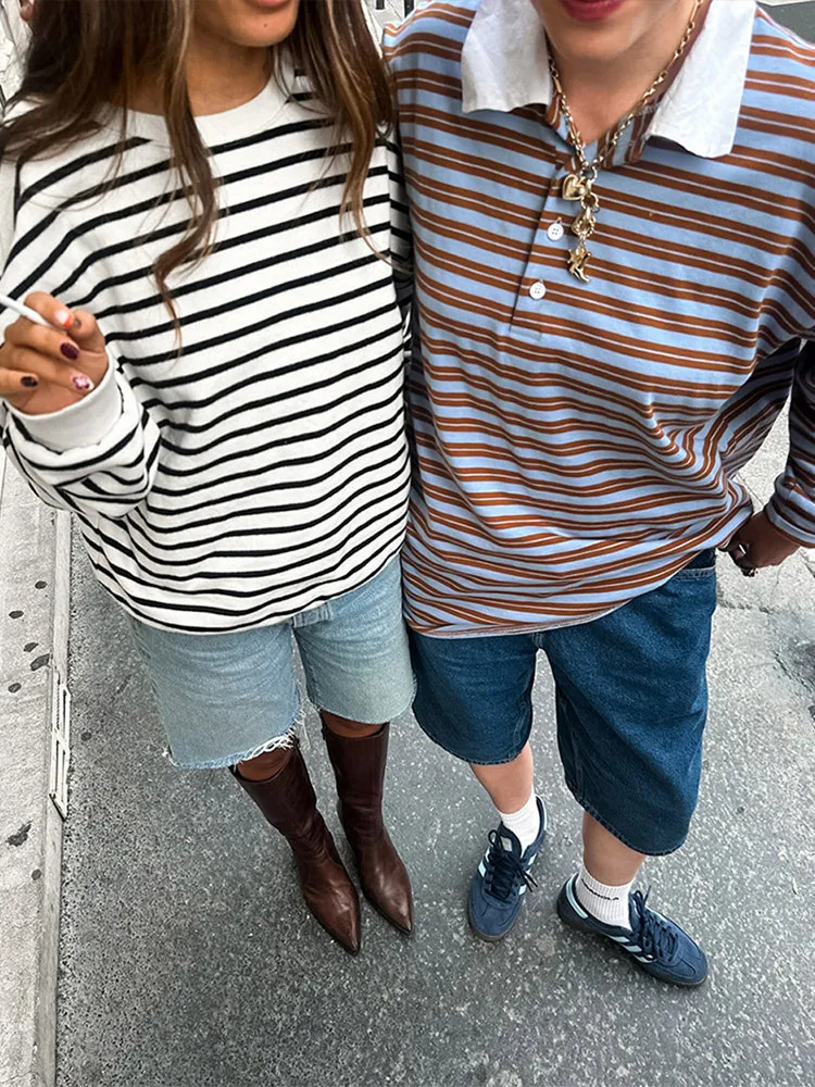 Fashion Stripe Printed Polo Shirts Women Long Sleeves Turn Down Collar Loose Short Blouses 2025 Spring Casual Street Outfits 250408