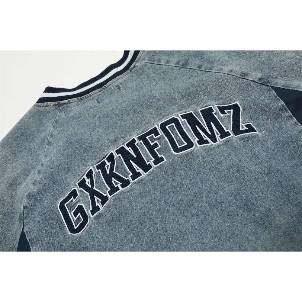 Letter Embroidery Patchwork Denim T-Shirt Mens Summer High Street Washed Distressed V-Neck Raglan Sleeve Tops Men