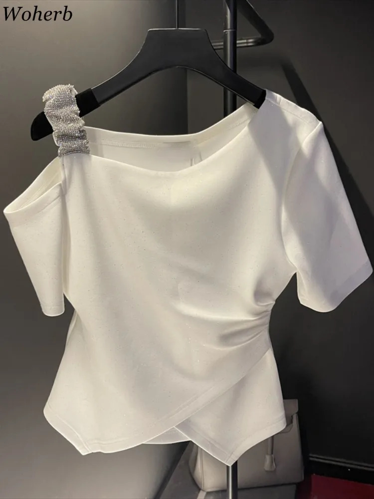 White T-shirt for Women Ropa Mujer Short sleeved O-neck Summer T-shirt Y2k Top Fashion Diamond T-shirt Casual Irregular T-shirt 250402
