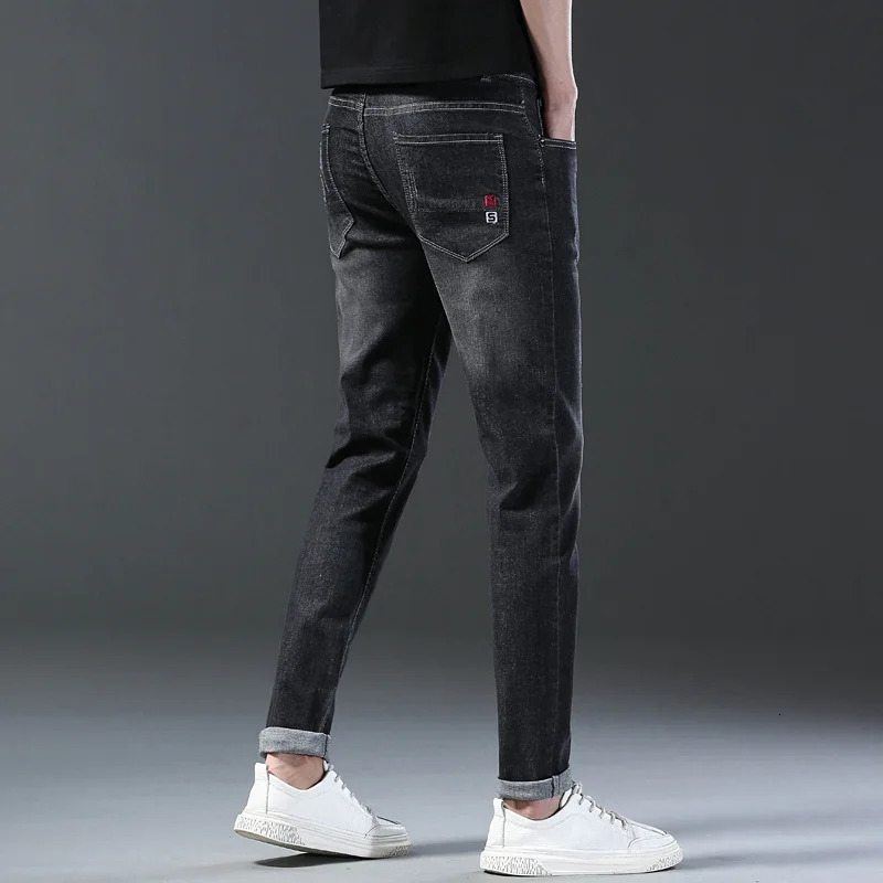 Fashionable mens clothing fashionable elastic ultrathin gray denim jeans thin high street small feet pants 250401